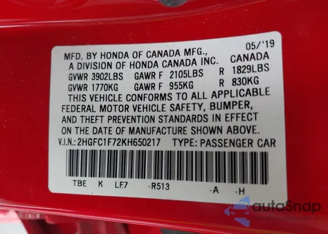 2019 Honda Civic Ex-L из США, поврежденный, VIN 2HGFC1F72KH650217